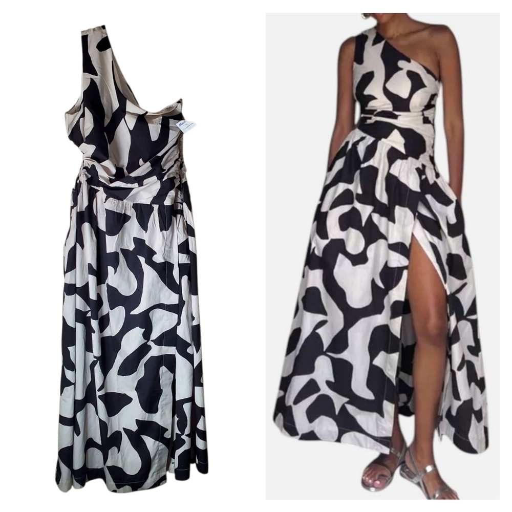 One-Shoulder Cut-out  High Slit Maxi Dress Black White Abstract Event Party L
